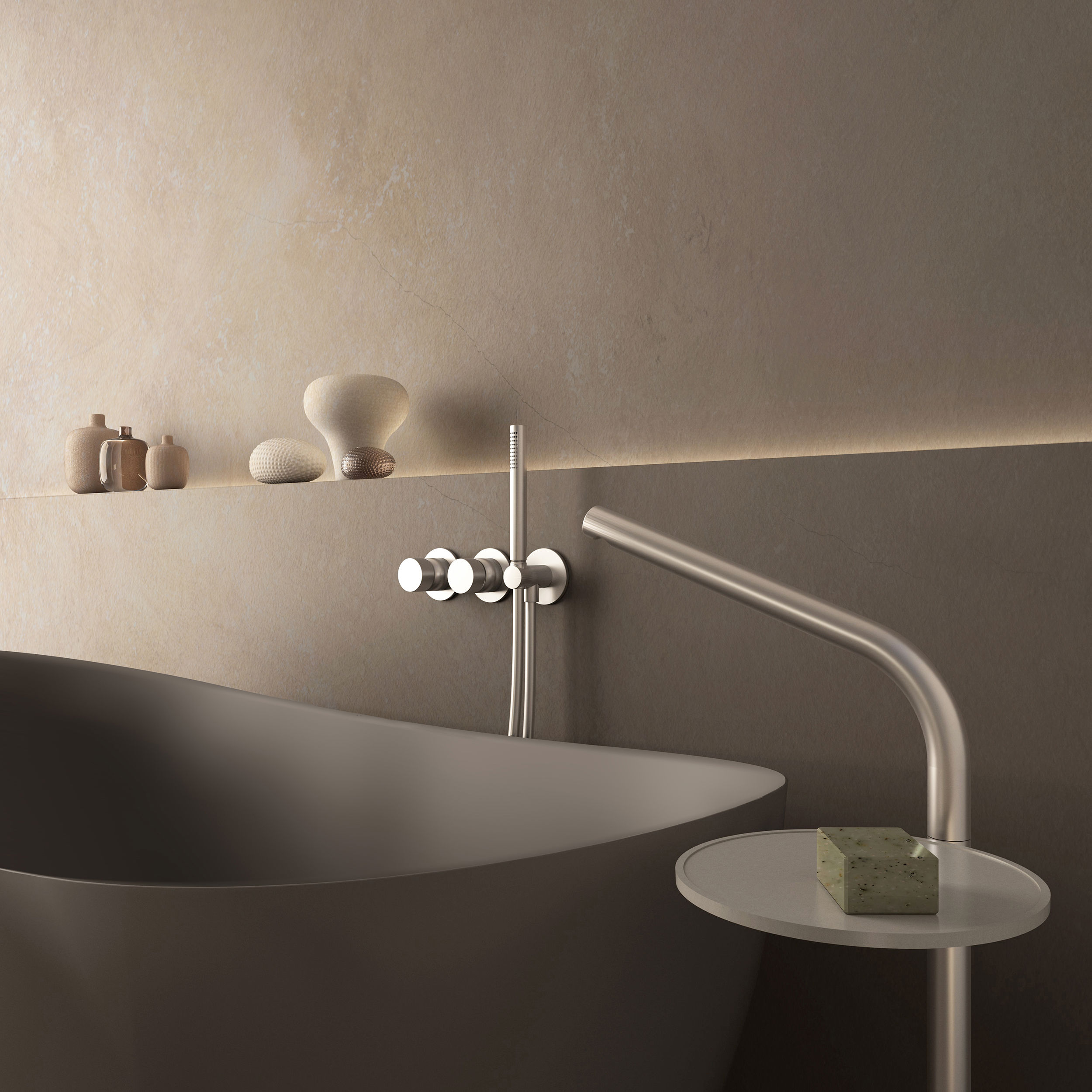 The Ixora Bath Shower Mixer Tap Floor Standing with Wall Mounted Controls & Shelf 