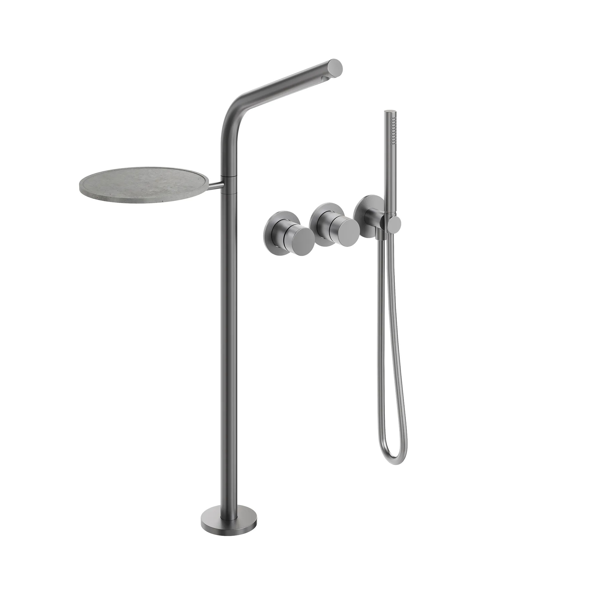 The Ixora Bath Shower Mixer Tap Floor Standing with Wall Mounted Controls & Shelf 